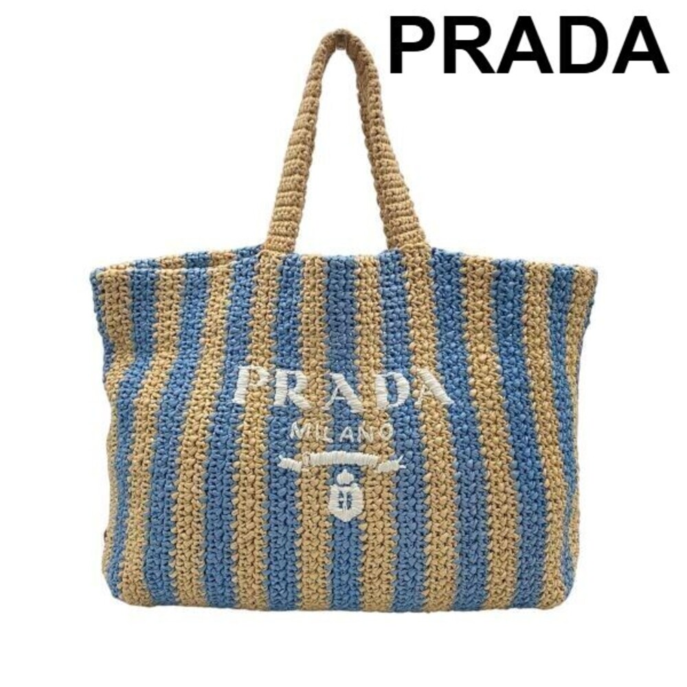 Prada crochet tote bag basket shoulder striped triangle blue raffia